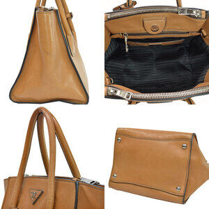 Prada metal triangle handbag silver leather bag shoulder logo classic brown